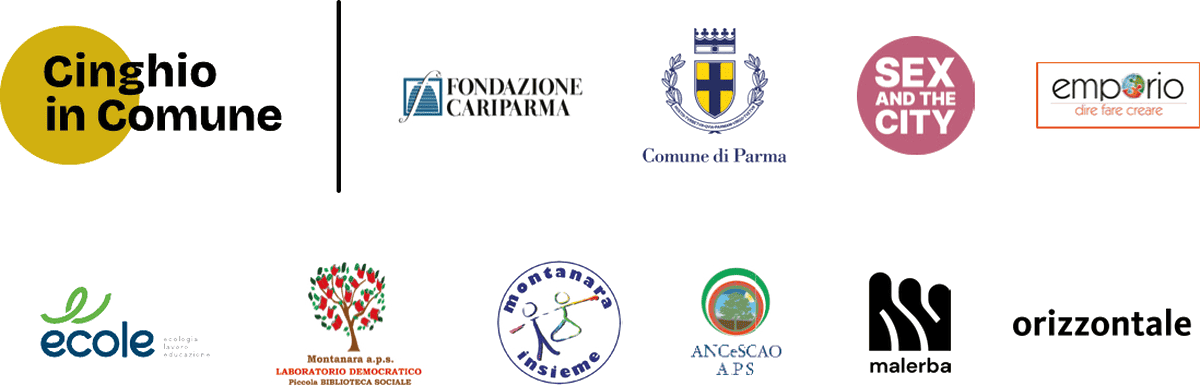 Loghi dei partner del progetto: Fondazione Cariparma, Comune di Parma, Sex and the City, Emporio, ECOLE, Laboratorio Democratico Montanara, Montanara Insieme, ANCeSCAO, Biblioteca Malerba, orizzontale